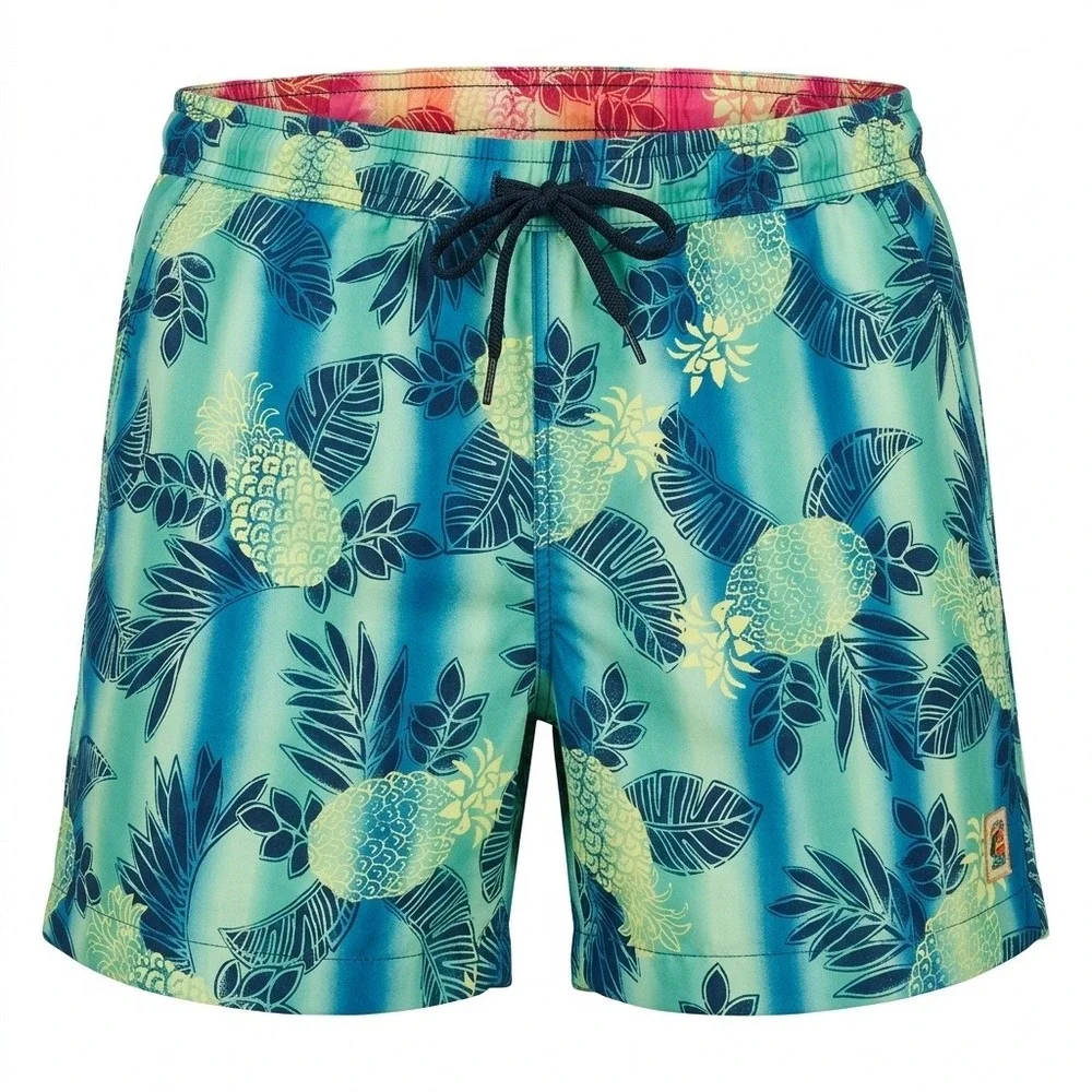 Tommy Bahama Mens Blue Green Pineapple Tropical Print Swim Trunks Mesh Lined L